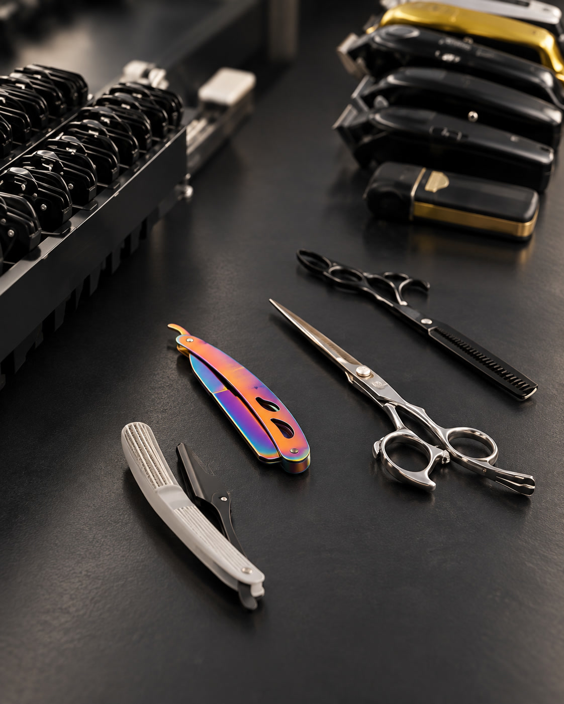 Detalhes das ferramentas de barbearia sobre a bancada preta da Dom Navalhas